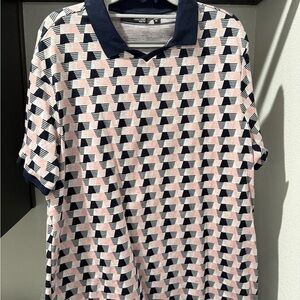 Murano Men's Polo with Black, White, and Pink Geometric Design